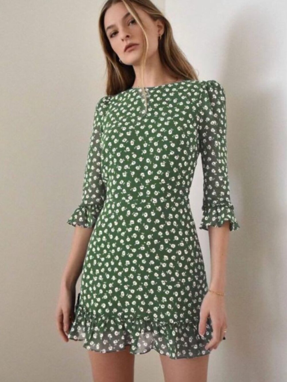 Reformation Green White Chive Floral 3/4 Long Ruffle Sleeve Doutzen Mini Dress